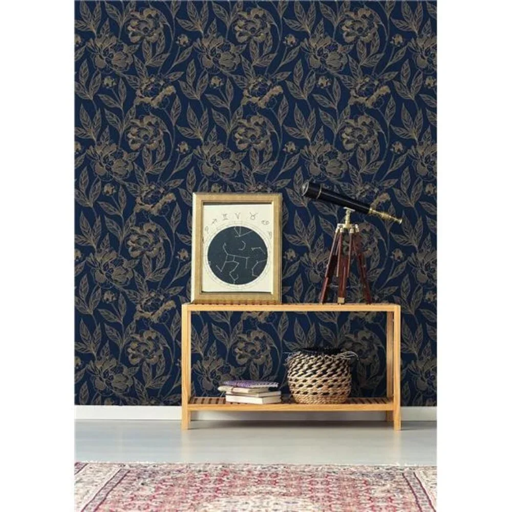 Vinjiasin Peel and Stick Wallpaper Blue and Gold Floral Contact Paper Modern